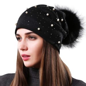 aichuan womens slouchy beanie hat with real raccoon fur ball pompom cotton pearls winter fall hat