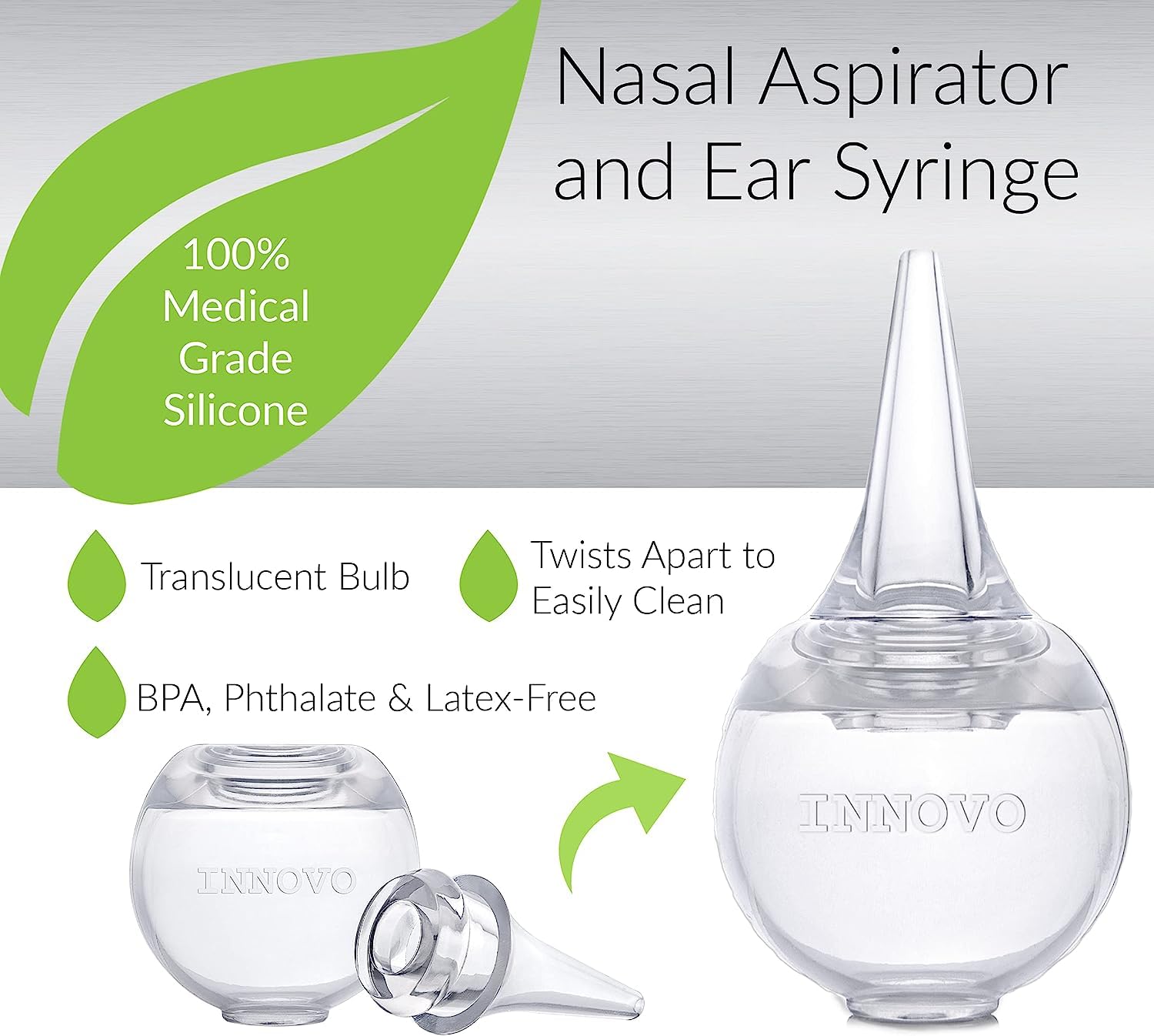 Innovo Hospital Grade Silicone Twister Bulb Baby Ear Syringe and Nasal Aspirator, Sucks Snot and Mucus, Nasal Bulb Ear Syringe, Cleanable and Reusable Clear White