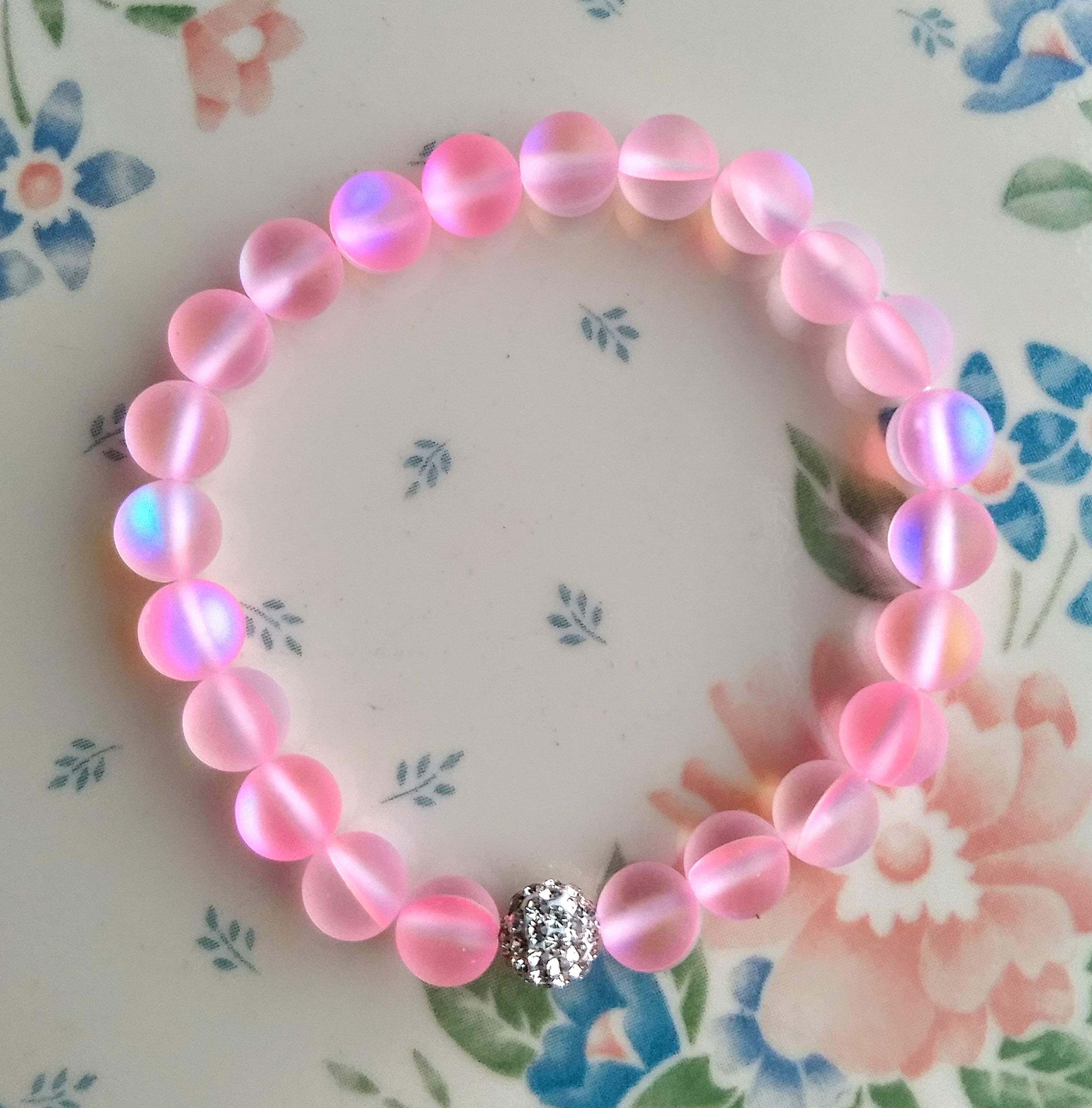 Hope Inspired Mystic Mermaid Glass Bracelet with 8 mm Pink Dazzling Moonstone Beads