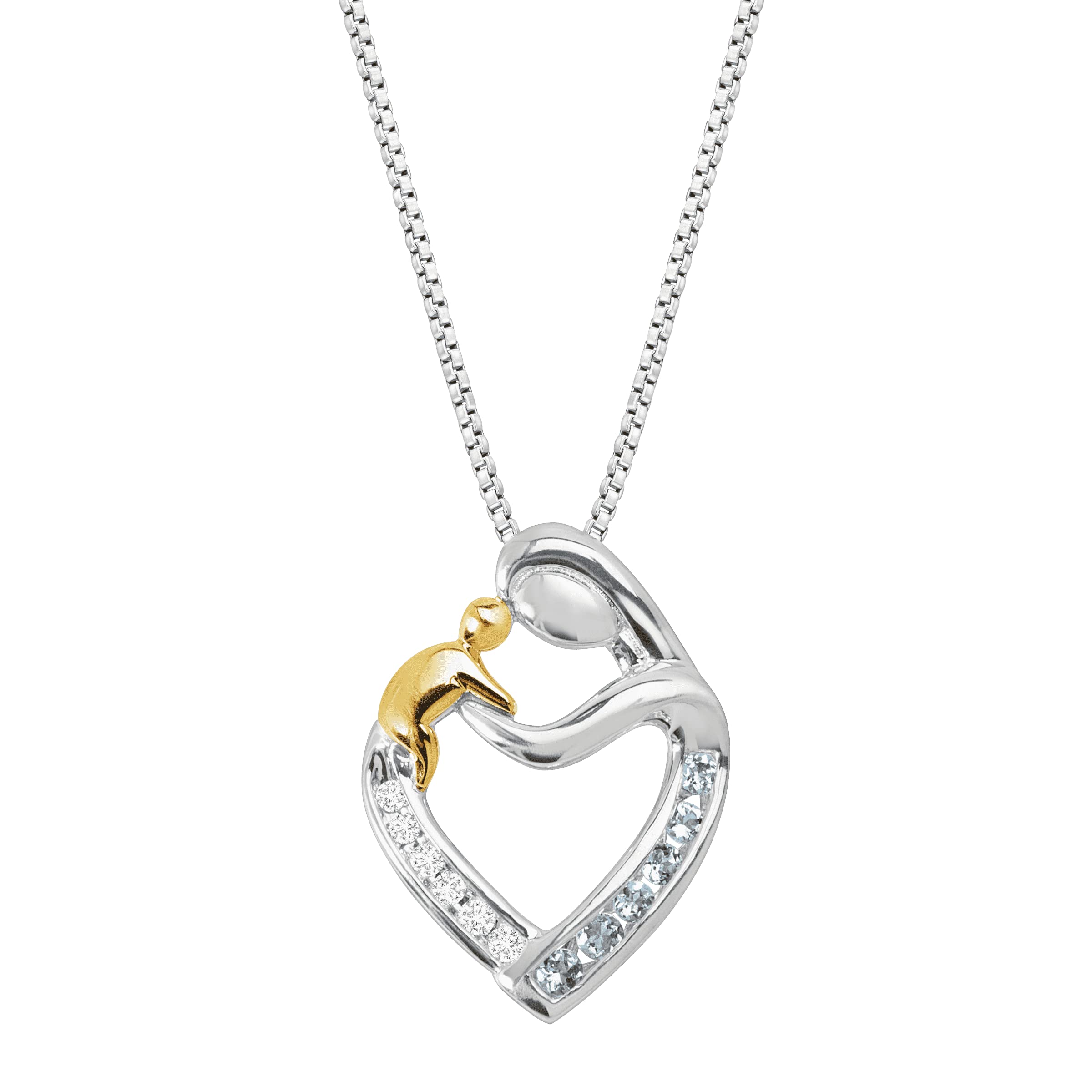 Finecraft Natural Aquamarine Mother & Child Heart Pendant Necklace with Diamonds in Sterling Silver & 14K Gold, 18"