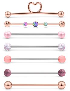 lcolyoli 16g stainless steel industrial barbell with opal earrings for women men cartilage helix rings piercing jewelry 7 pieces 1 1/2 inch (38mm) industrial piercing bar rose gold