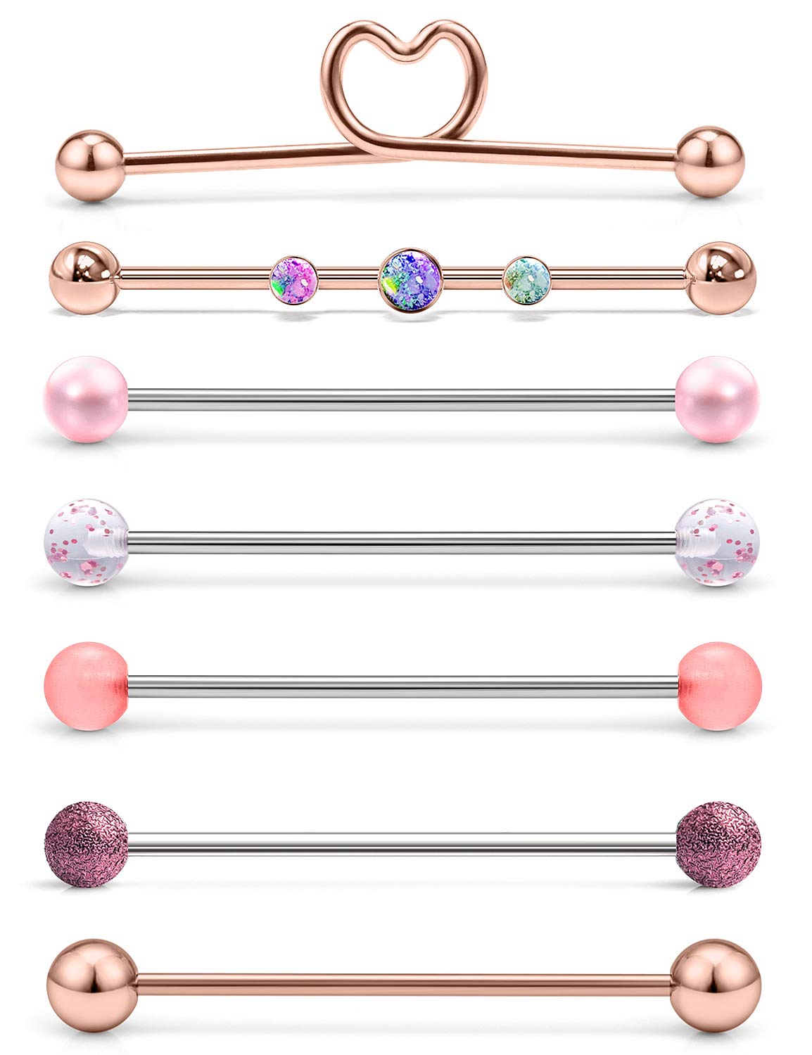 Lcolyoli 16G Stainless Steel Industrial Barbell with Opal Earrings for Women Men Cartilage Helix Rings Piercing Jewelry 7 Pieces 1 1/2 Inch (38mm) Industrial Piercing Bar Rose Gold