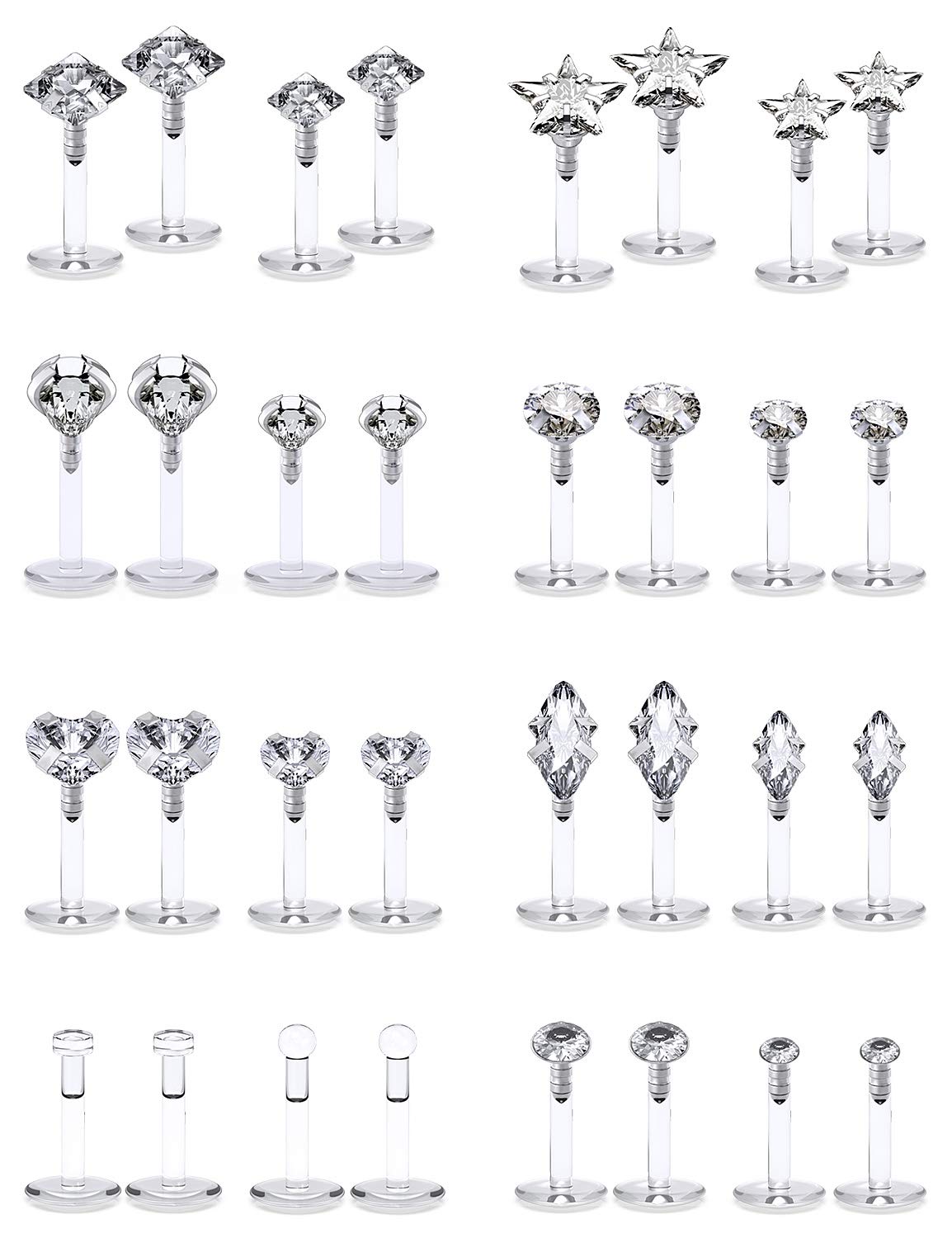 Lcolyoli 32PCS 16G Forward Helix Tragus Cartilage Earring Studs Push Top Labret Monroe Lip Ring Retainer 8MM Barbell Body Piercing Jewelry for Women Men Girls