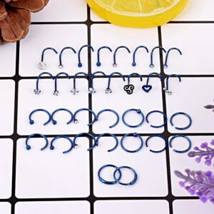 32Pcs Style-2 20G Blue 32Pcs 20G Unisex L-Shaped C-Shaped Nostril Screw Nose Tongue Lip Ear Rings Hoop Studs Seamless Hinged Rings Ball Closure Rings Mixed Set