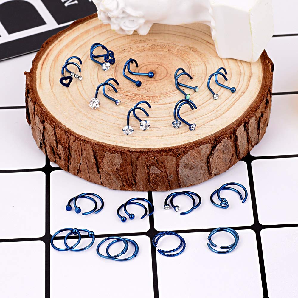 32Pcs Style-2 20G Blue 32Pcs 20G Unisex L-Shaped C-Shaped Nostril Screw Nose Tongue Lip Ear Rings Hoop Studs Seamless Hinged Rings Ball Closure Rings Mixed Set