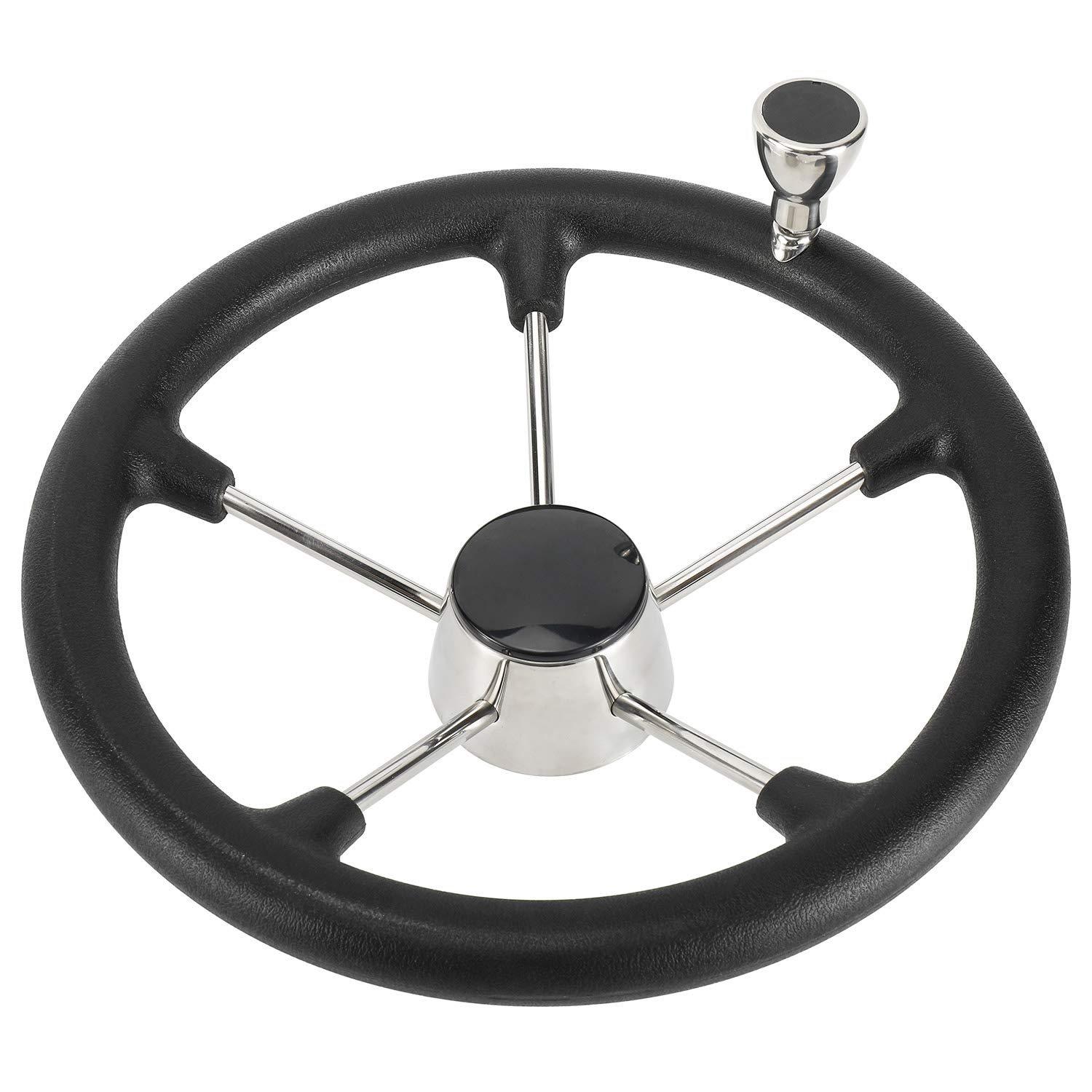 NovelBee 13-1/2 Inch Stainless Steel 5 Spoke Boat Marine Destroyer Steering Wheel with Black PU Foam and Knob