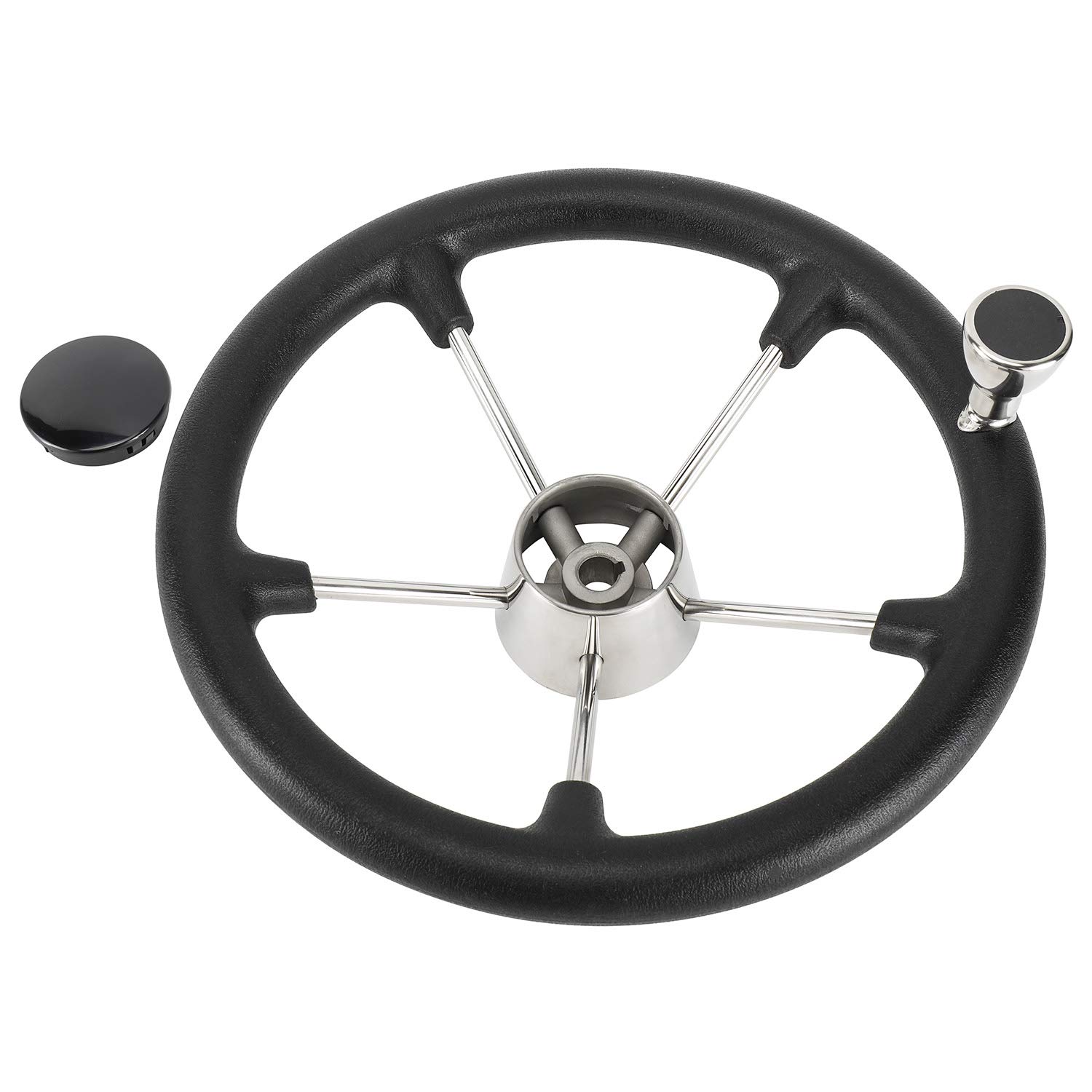 NovelBee 13-1/2 Inch Stainless Steel 5 Spoke Boat Marine Destroyer Steering Wheel with Black PU Foam and Knob