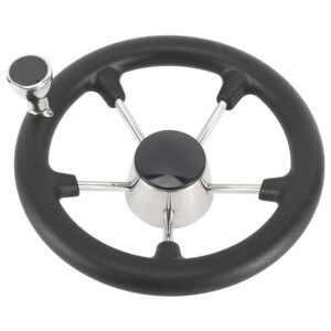 NovelBee 11-1/2 Inch Stainless Steel 5 Spoke Boat Marine Destroyer Steering Wheel with Black PU Foam (With Knob)