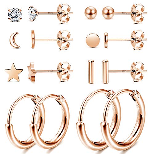 Milacolato 8 Pairs Sterling Silver Stud Earrings Set for Women 14K Rose Gold Plated Ball Dot CZ Star Moon Bar Tiny Earring Small Hoop Cartilage Earrings Set