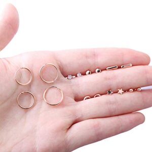 Milacolato 8 Pairs Sterling Silver Stud Earrings Set for Women 14K Rose Gold Plated Ball Dot CZ Star Moon Bar Tiny Earring Small Hoop Cartilage Earrings Set