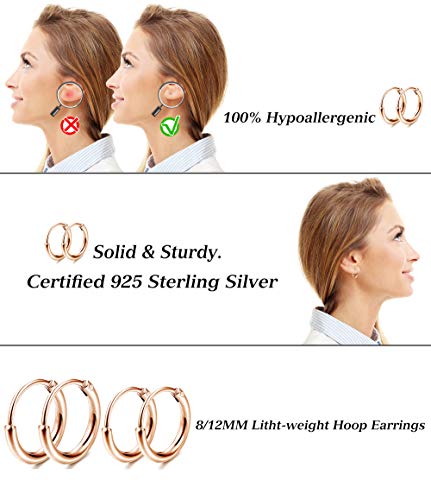 Milacolato 8 Pairs Sterling Silver Stud Earrings Set for Women 14K Rose Gold Plated Ball Dot CZ Star Moon Bar Tiny Earring Small Hoop Cartilage Earrings Set