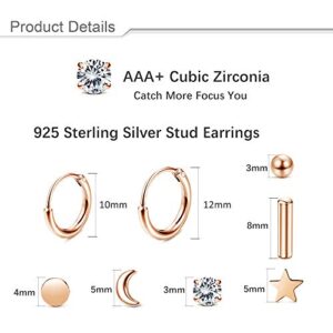 Milacolato 8 Pairs Sterling Silver Stud Earrings Set for Women 14K Rose Gold Plated Ball Dot CZ Star Moon Bar Tiny Earring Small Hoop Cartilage Earrings Set