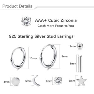 Milacolato 8 Pairs Sterling Silver Stud Earrings Set for Women Men 14K White Gold Plated Ball Dot Star Moon Bar CZ Stud Earrings Small Huggie Hoop Cartilage Earrings Sets for Multiple Piercing Hypoallergenic