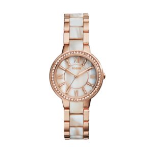 Fossil Women's Virginia Quartz Stainless Steel Dress Quartz Watch and Womens Engravable Heart Necklace