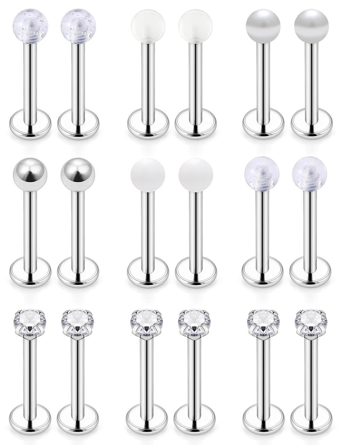 SCERRING 14 Gauge Cheek Rings Piercing Clear Cubic Zirconia Tongue Ring Body Piercing Jewelry Retainer 16mm 5/8Inch 18PCS Silver