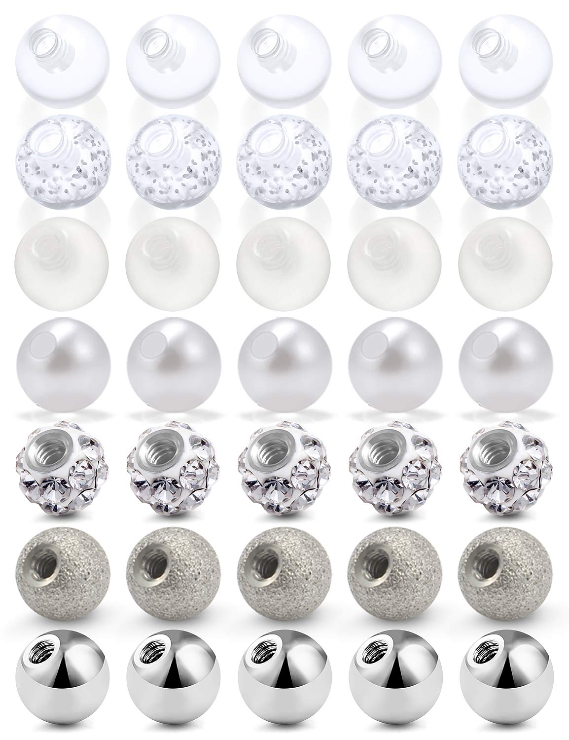 Prjndjw 35PCS Replacement Ball for Body Jewelry Stainless Steel Clear Acrylic Crystal CZ Ball for 16G Piercing Bar Barbell Studs Parts Diameter 5mm