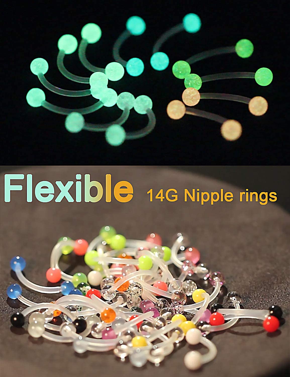 Prjndjw 14G Flexible Plastic Acrylic Piercing Jewelry, 48Pcs Curved Barbell Body Piercing for Women Men, Glow in The Dark Tongue Nipple Rings Retainer, 16mm, Hypoallergenic