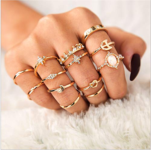 Sither 13 Pcs Women Rings Set Knuckle Rings Gold Bohemian Rings Vintage Gem Crystal Rings Joint Knot Ring Sets for Teens Party Daily Fesvital Jewelry Gift(style3)