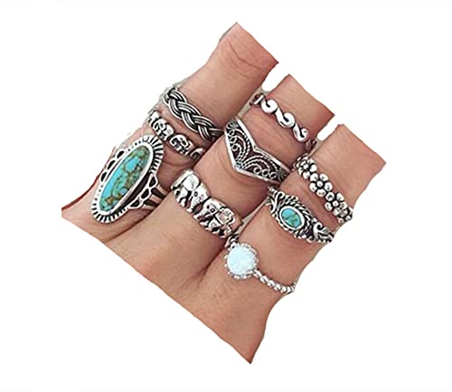 Cathercing 9 Pcs Turquoise Ring Set for Women Knuckle Vintage Rings Pack for Women Bohemian Rings Silver Joint Knot Rings Set Halloween Party Daily Gift (style 3)