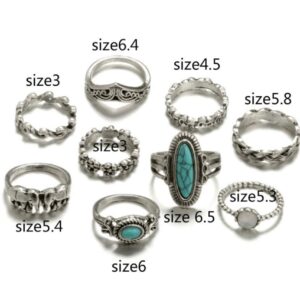 Cathercing 9 Pcs Turquoise Ring Set for Women Knuckle Vintage Rings Pack for Women Bohemian Rings Silver Joint Knot Rings Set Halloween Party Daily Gift (style 3)