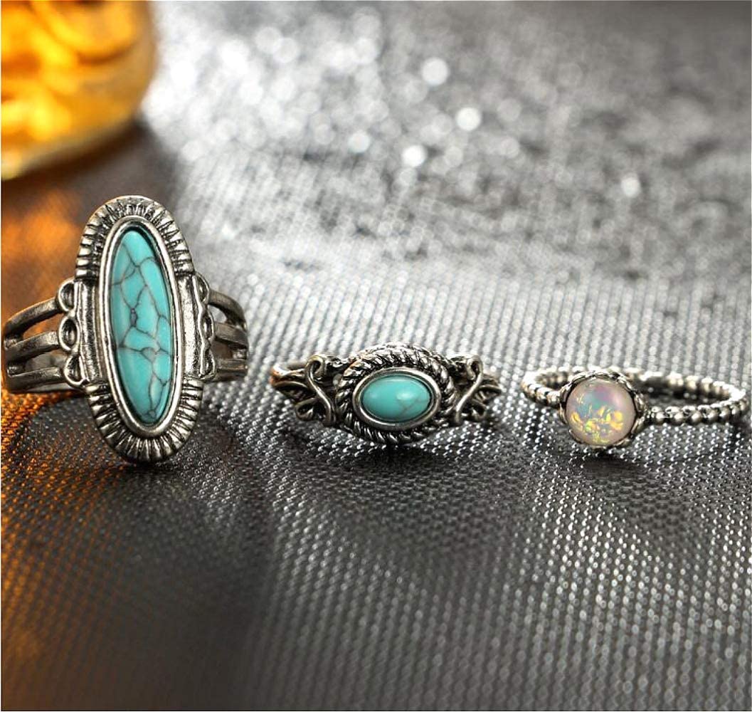 Cathercing 9 Pcs Turquoise Ring Set for Women Knuckle Vintage Rings Pack for Women Bohemian Rings Silver Joint Knot Rings Set Halloween Party Daily Gift (style 3)