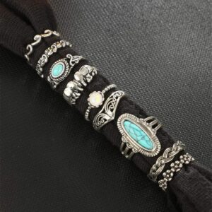 Cathercing 9 Pcs Turquoise Ring Set for Women Knuckle Vintage Rings Pack for Women Bohemian Rings Silver Joint Knot Rings Set Halloween Party Daily Gift (style 3)