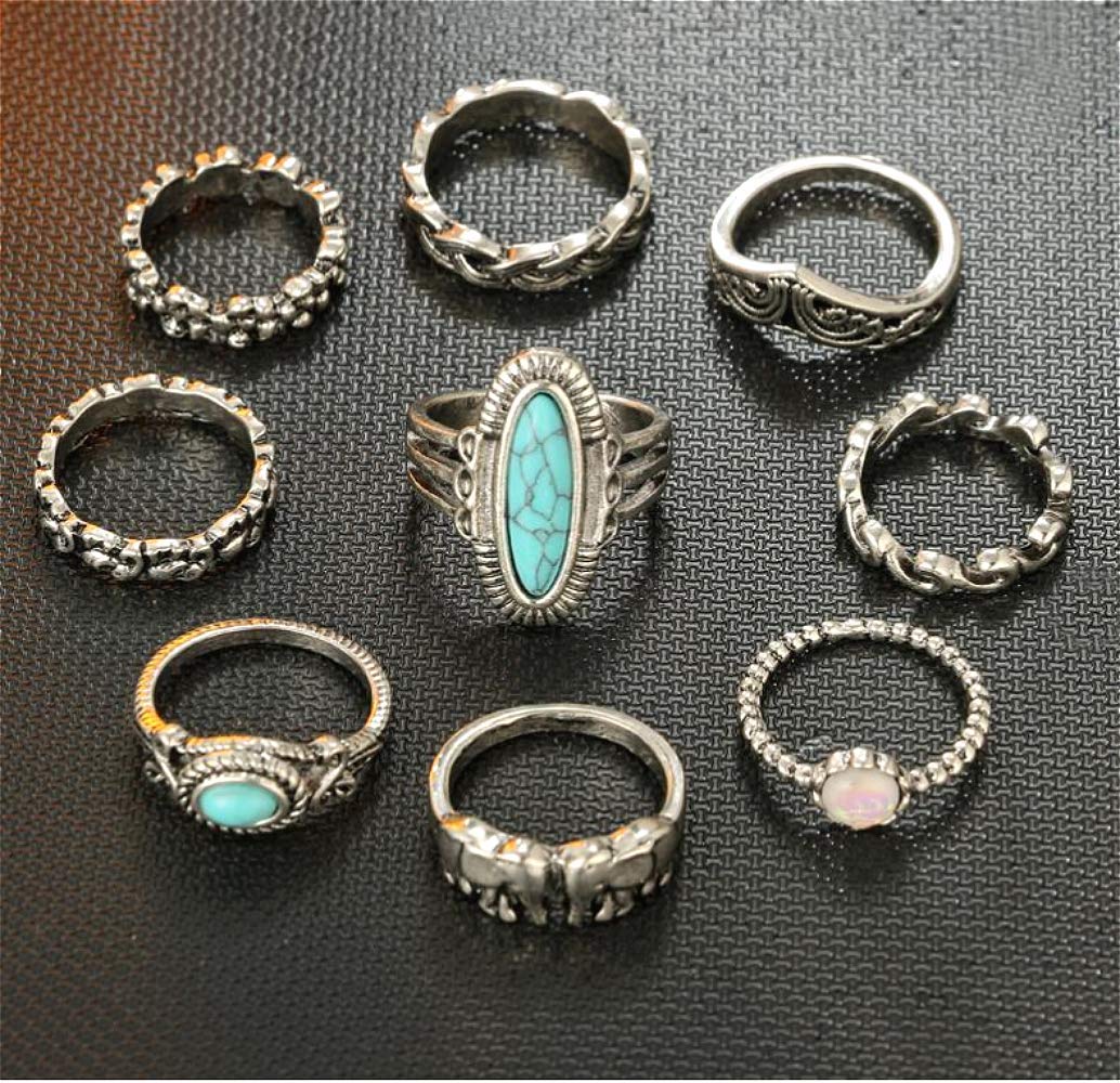 Cathercing 9 Pcs Turquoise Ring Set for Women Knuckle Vintage Rings Pack for Women Bohemian Rings Silver Joint Knot Rings Set Halloween Party Daily Gift (style 3)