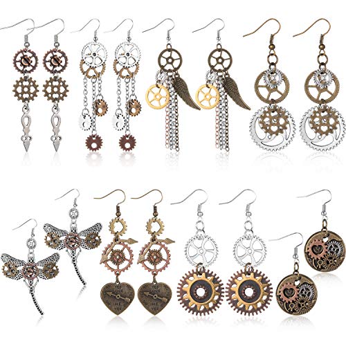 Hicarer 8 Pairs Drop Earrings Gear Dangle Earrings Antique Clockwork Earrings Vintage Mix-tone Earrings(Retro Style)