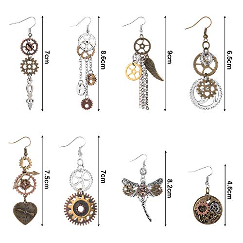 Hicarer 8 Pairs Drop Earrings Gear Dangle Earrings Antique Clockwork Earrings Vintage Mix-tone Earrings(Retro Style)