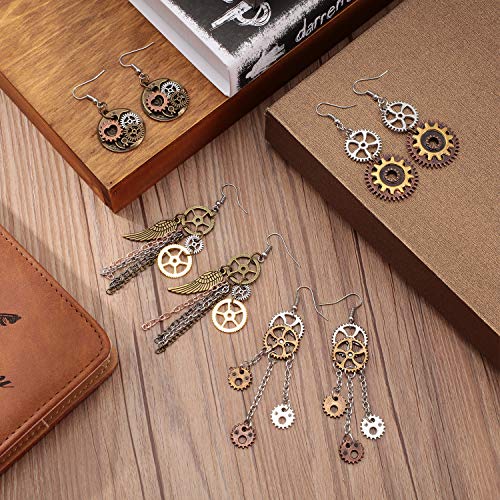 Hicarer 8 Pairs Drop Earrings Gear Dangle Earrings Antique Clockwork Earrings Vintage Mix-tone Earrings(Retro Style)