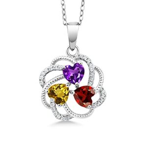 Gem Stone King 925 Sterling Silver Build Your Own Personalized 3 Heart Shape Birthstones Fashion Love Mothers Flower Blossom Pendant Necklace For Women with 18 Inch Chain