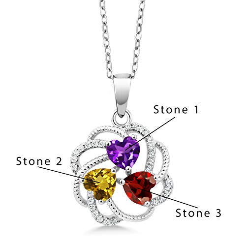 Gem Stone King 925 Sterling Silver Build Your Own Personalized 3 Heart Shape Birthstones Fashion Love Mothers Flower Blossom Pendant Necklace For Women with 18 Inch Chain