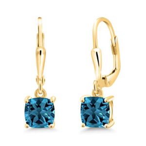 gem stone king 18k yellow gold plated silver london blue topaz dangle earrings for women (2.35 cttw, gemstone november birthstone, cushion 6mm)