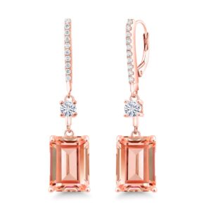 18k rose gold plated silver emerald cut peach nano morganite and forever classic moissanite by charles & colvard dangle earrings for women | 13.36 cttw | emerald cut 14x10mm