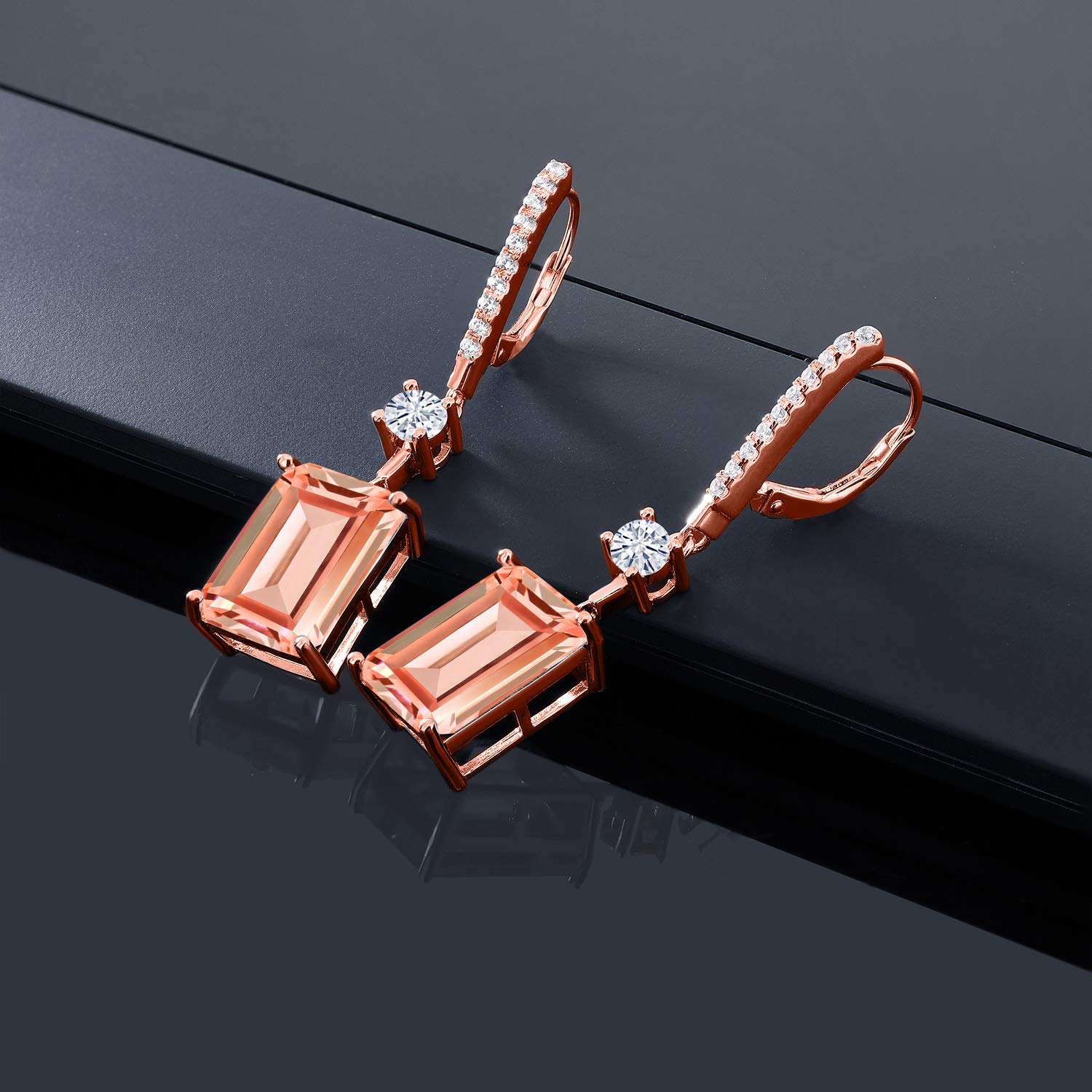 18K Rose Gold Plated Silver Emerald Cut Peach Nano Morganite and Forever Classic Moissanite by Charles & Colvard Dangle Earrings For Women | 13.36 Cttw | Emerald Cut 14X10MM