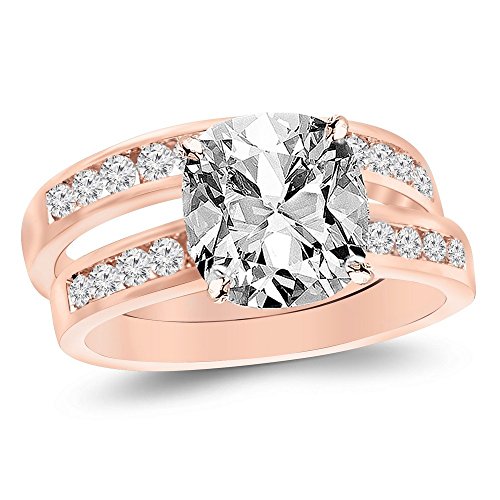 2.75 Ctw 14K Rose Gold Classic Channel Set Wedding Set Bridal Band & GIA Certified Cushion Cut Diamond Engagement Ring (2 Ct Center H-I Color VS1-VS2 Clarity)