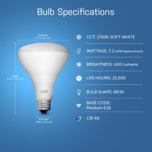 Feit Electric BR30 LED Light Bulb, 65W Equivalent, Dimmable, 650 Lumens, E26 Standard Base, 2700K Soft White, 90 CRI, Recessed Can Light Bulbs, 22-Year Lifetime, BR30DM/927CA/4, 4 Pack