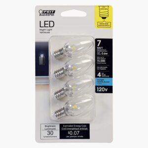 Feit Electric BP7C7/850/LED/4 0.6W 7W Equivalent 30 Lumen Candelabra Base LED C7 Night Light Bulb, 2.1" H x 0.9" D, 5000K (Daylight), 4 Piece