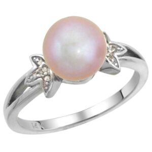 14k white gold round 9mm genuine pink pearl split shank ring 0.04 ct diamond 3/8 inch wide, size 6.5