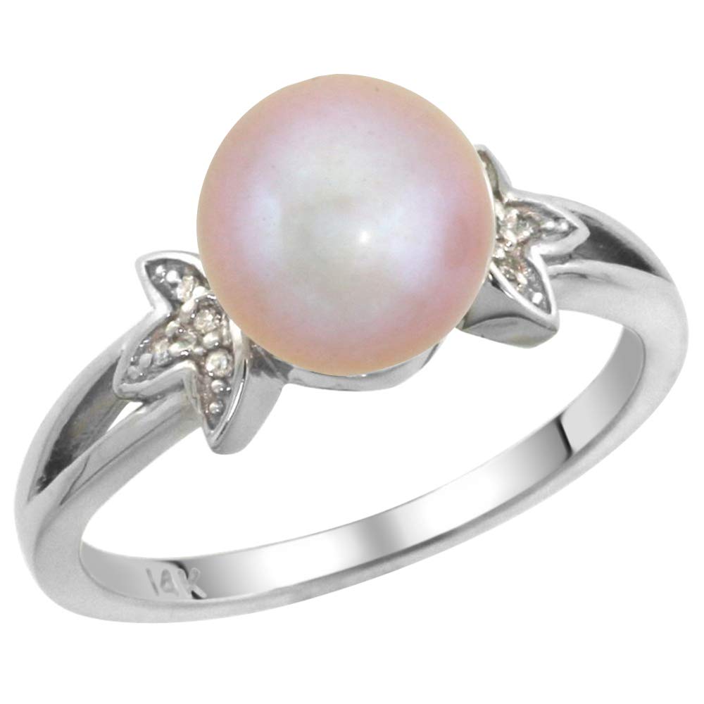 14k White Gold Round 9mm Genuine Pink Pearl Split Shank Ring 0.04 ct Diamond 3/8 inch wide, size 6.5