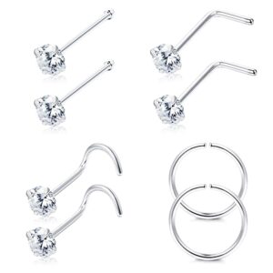 Sllaiss 22G 925 Sterling Silver Nose Rings Studs L Shaped CZ Nose Rings Hoop for Women Men Corkscrew Nose Rings Helix Piercing Jewelry Set Cartilage Earrings Hoop Tragus 8Pcs (3)