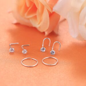 Sllaiss 22G 925 Sterling Silver Nose Rings Studs L Shaped CZ Nose Rings Hoop for Women Men Corkscrew Nose Rings Helix Piercing Jewelry Set Cartilage Earrings Hoop Tragus 8Pcs (3)