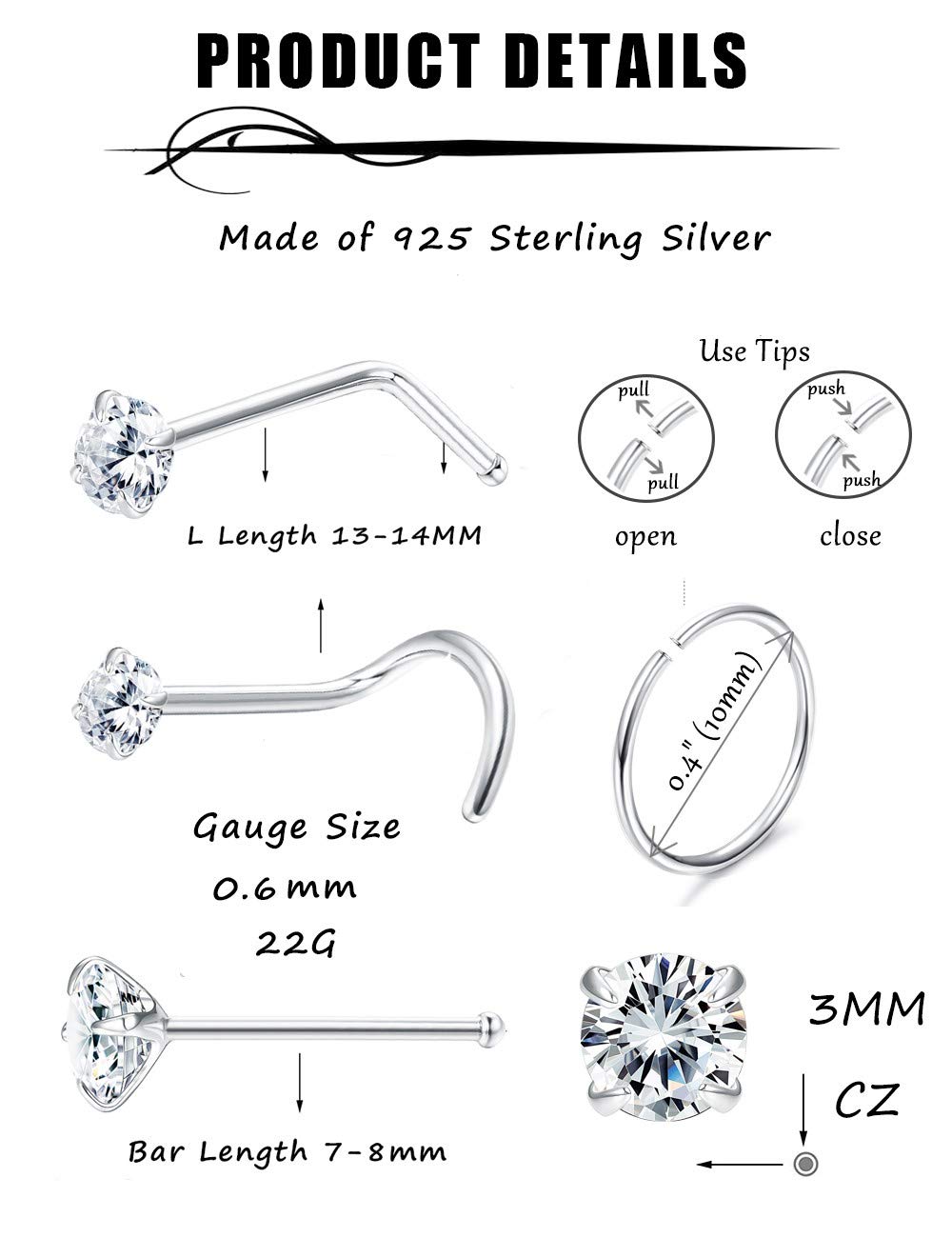 Sllaiss 22G 925 Sterling Silver Nose Rings Studs L Shaped CZ Nose Rings Hoop for Women Men Corkscrew Nose Rings Helix Piercing Jewelry Set Cartilage Earrings Hoop Tragus 8Pcs (3)