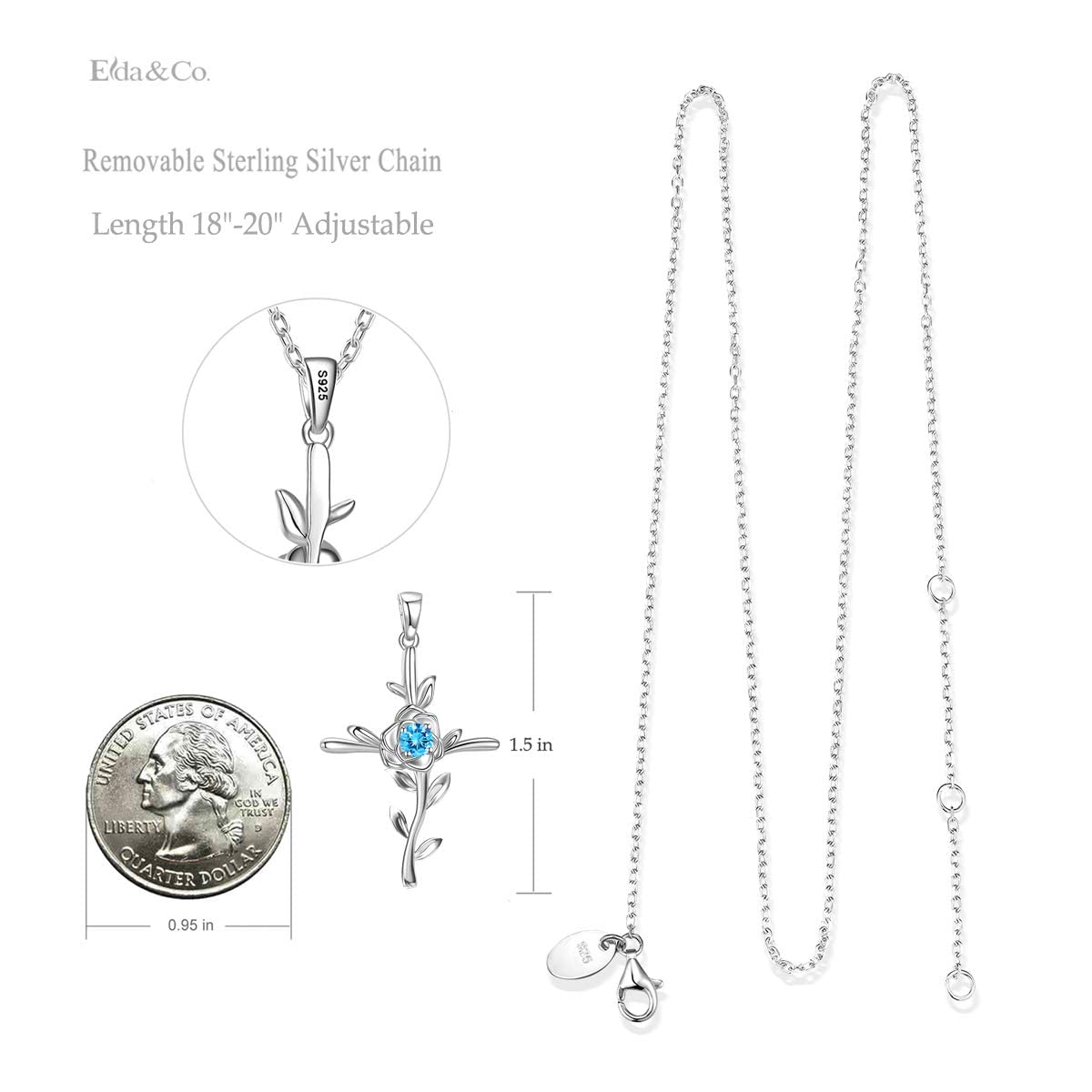 March Birthstone Necklace for Women Birthday Gifts Mom Wife Daughter Love Rose Flower Hope Leaves Aquamarine Jewelry for Her Sterling Silver