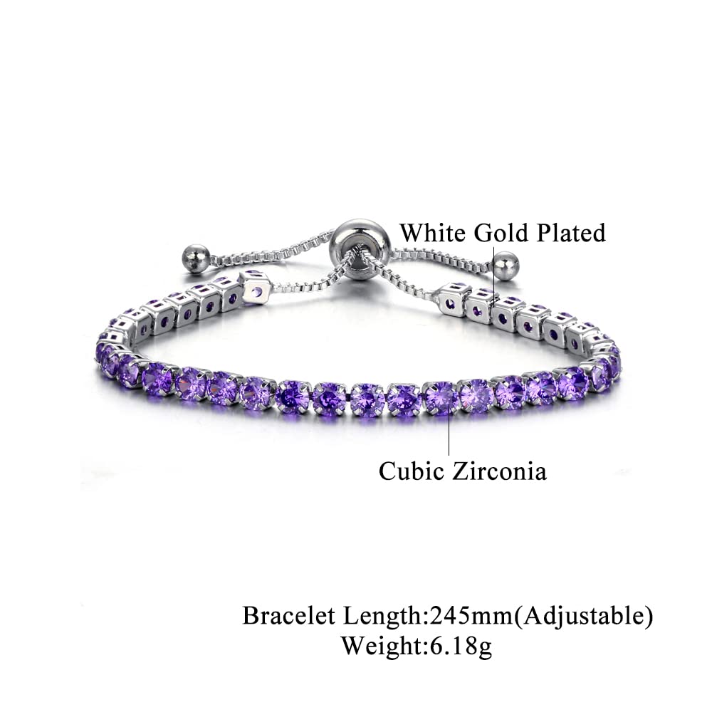 CiNily Adjustable Tennis Bracelets for Women Purple Cubic Zirconia Bracelet 14K White Gold Plated Hypoallergenic Slider Bracelet Jewelry Gift