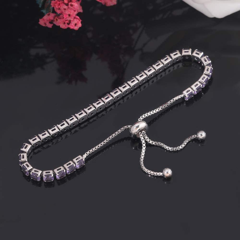 CiNily Adjustable Tennis Bracelets for Women Purple Cubic Zirconia Bracelet 14K White Gold Plated Hypoallergenic Slider Bracelet Jewelry Gift