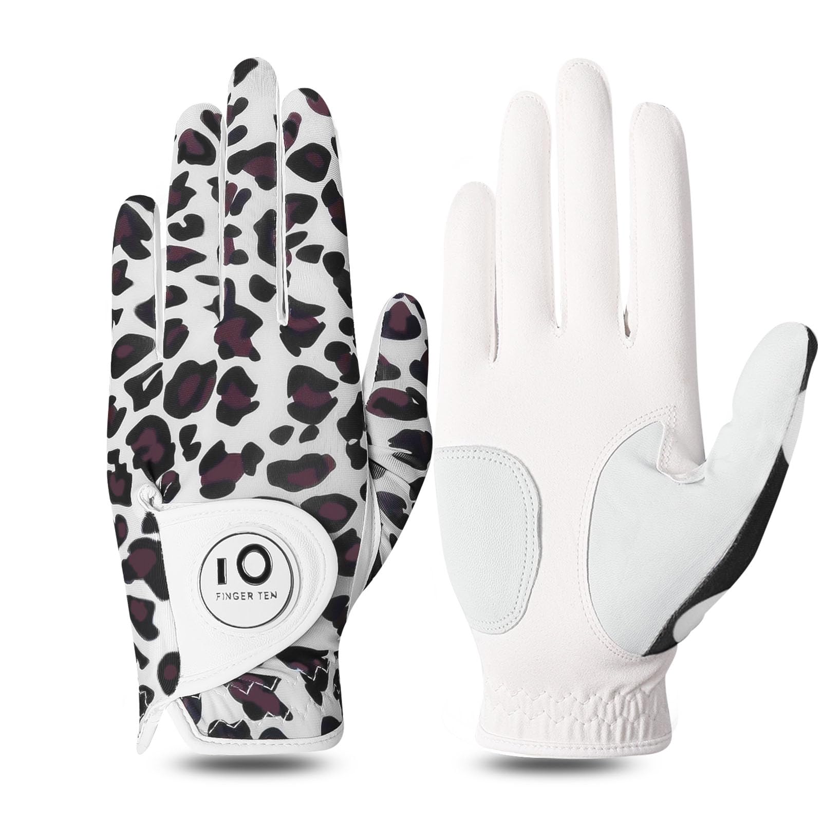 FINGER TEN Golf Gloves Women Left Right Hand Leather with Ball Marker Value Pack, Colored Glove for Ladies Right Left Handed Golfer All Weather Grip (Full-Leopard, Large, Left)