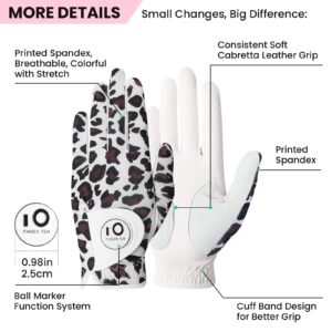 FINGER TEN Golf Gloves Women Left Right Hand Leather with Ball Marker Value Pack, Colored Glove for Ladies Right Left Handed Golfer All Weather Grip (Full-Leopard, Large, Left)