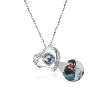 Custom Photo Necklace with Picture Inside, Personalized Heart Photo Necklace, I Love You Necklace 100 Languages Photo Pendant, Picture Projection Necklace for Girlfriend Wife Birthday Anniversary