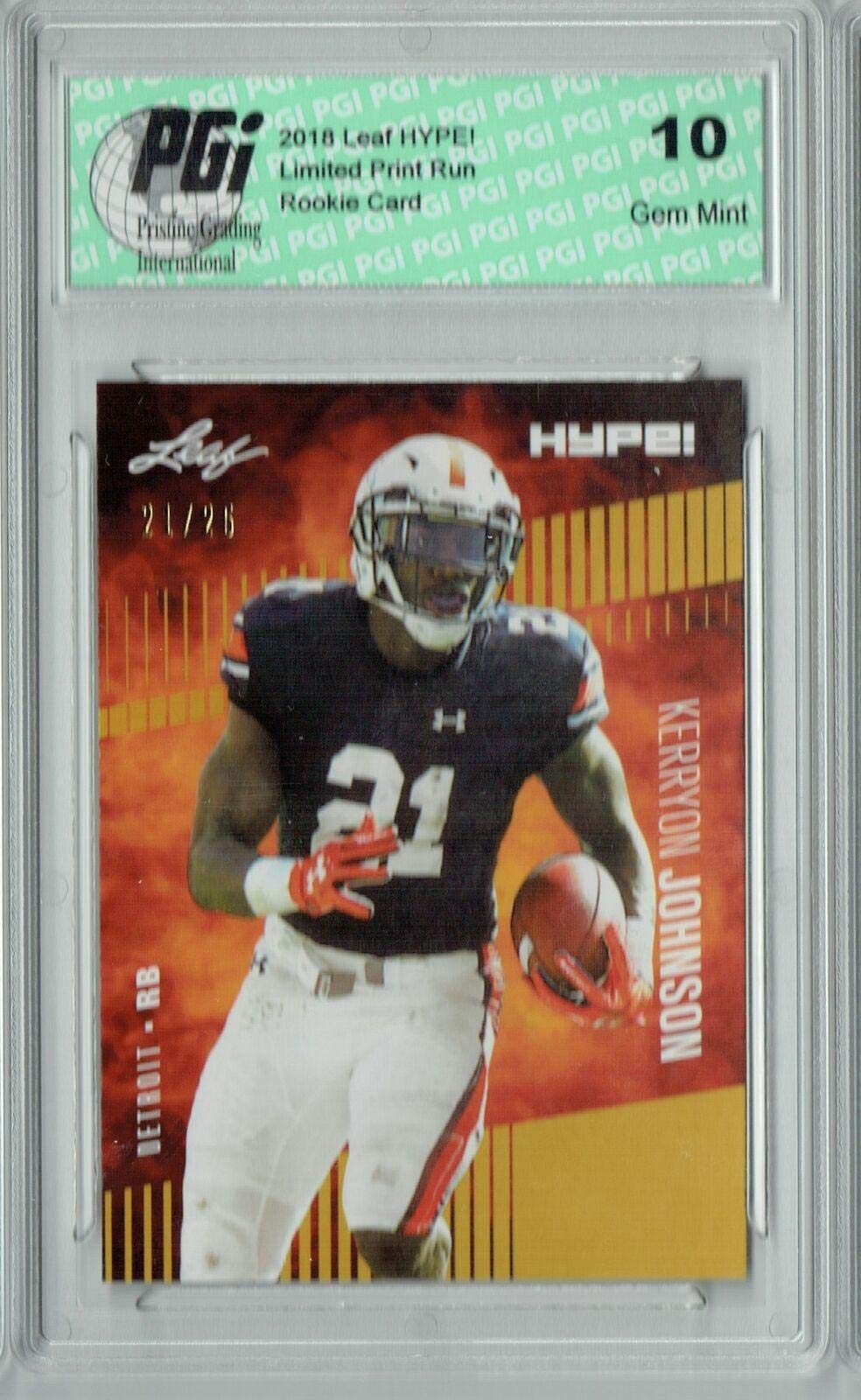 Kerryon Johnson 2018 Leaf HYPE! #14 Jersey #21/25 Rookie Card PGI 10 - Leaf Football Cards